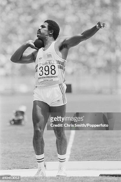 Daley Thompson of Great Britain competes in the shot put discipline on the first day of the decathlon competition at the 1984 Summer Olympics in Los...