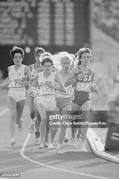 View of athletes competing in the final of the Women's 3000 metres event, with from left, Wendy Sly of Great Britain , Zola Budd of Great Britain...