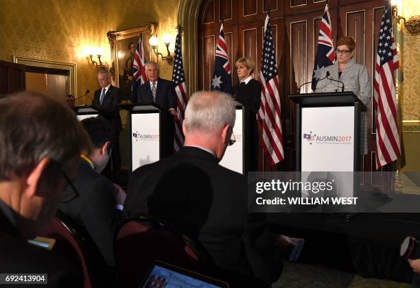 Secretary of State Rex Tillerson speaks at a press conference as Australian Foreign Minister Julie Bishop , Australian Defence Minister Marise Payne...