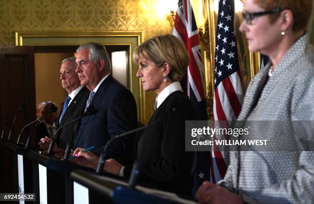Secretary of State Rex Tillerson speaks at a press conference as Australian Foreign Minister Julie Bishop , Australian Defence Minister Marise Payne...