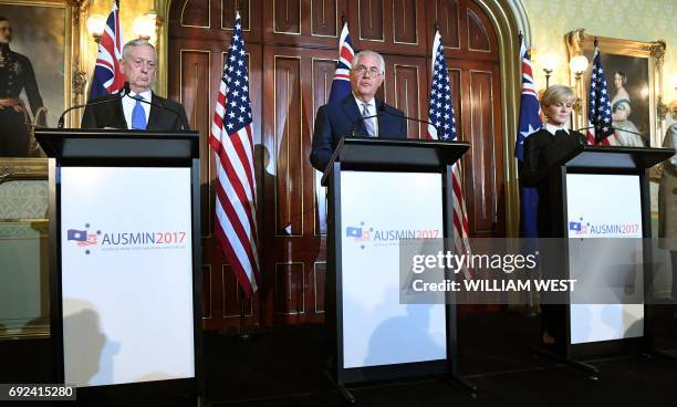 Secretary of State Rex Tillerson speaks at a press conference as Australian Foreign Minister Julie Bishop and US Secretary of Defence Jim Mattis...