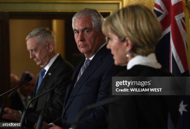 Secretary of State Rex Tillerson and US Secretary of Defence Jim Mattis listen during a press conference as Australian Foreign Minister Julie Bishop...