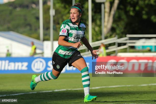 Sportings Ana Capeta celebrating after scoring a goal during the match between Sporting CP and SC Braga for the Portuguese Women's Final Cup at...