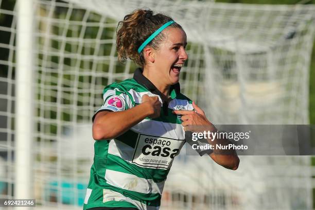 Sportings Ana Capeta celebrating after scoring a goal during the match between Sporting CP and SC Braga for the Portuguese Women's Final Cup at...