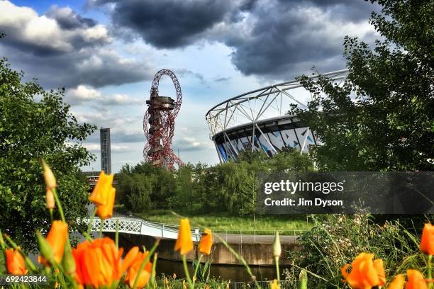 General view of the ArcelorMittal Orbit beside the London Stadium in the Queen Elizabeth Olympic Park prior to a performance by Depeche Mode on June...