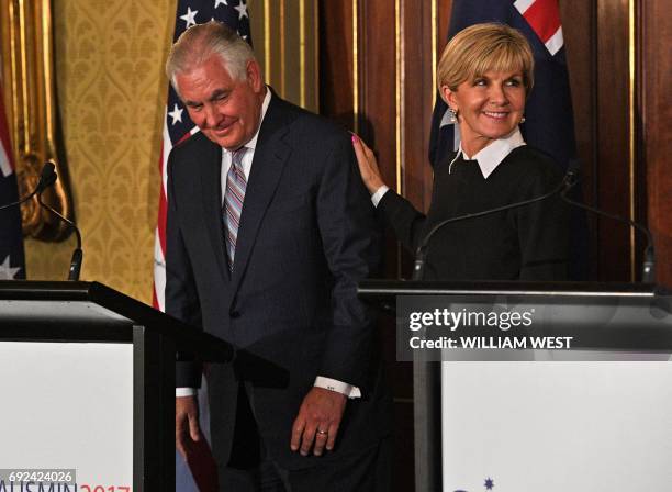 Secretary of State Rex Tillerson and Australian Foreign Minister Julie Bishop leave at the end of a press conference after their AUSMIN 2017 talks in...