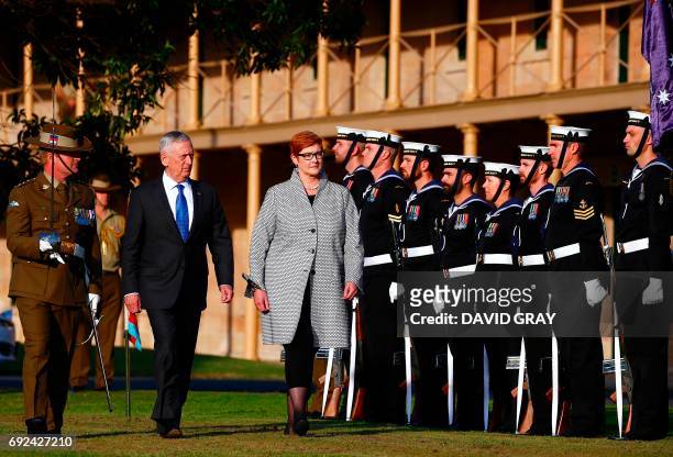 Secretary of Defence Jim Mattis walks with Australia's Defence Minister Marise Payne during an inspection of a guard of honour as part of the 2017...