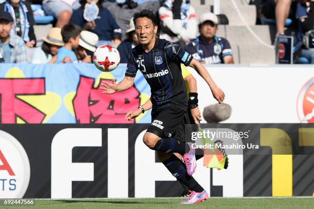 Jungo Fujimoto of Gamba Osaka in action during the J.League J1 match between Jubilo Iwata and Gamba Osaka at Yamaha Stadium on June 4, 2017 in Iwata,...