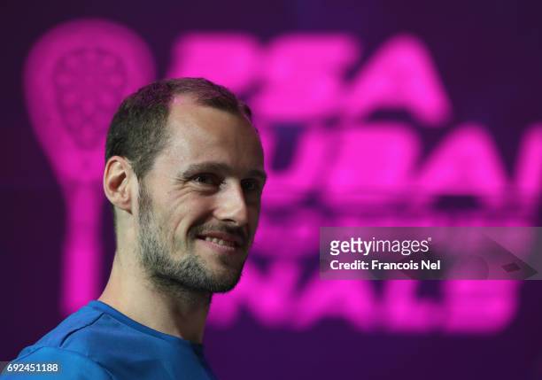 Gregory Gaultier of France speaks to media during a press conference prior to the start of PSA Dubai World Series Finals 2017 at Dubai Opera on June...