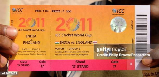 Ticket for the ICC cricket World Cup match between India and England at the M Chinnaswamy Stadium in Bangalore on February 24, 2011. Thousands of...