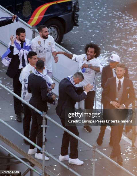 Keylor Navas, Marcelo, Cristiano Ronaldo, Carvajal, James Rodriguez and Sergio Ramos celebrate during the Real Madrid celebration the day after...