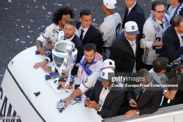 Keylor Navas, Marcelo, Lucas Vazquez, Benzema and Sergio Ramos celebrate during the Real Madrid celebration the day after winning the 12th UEFA...