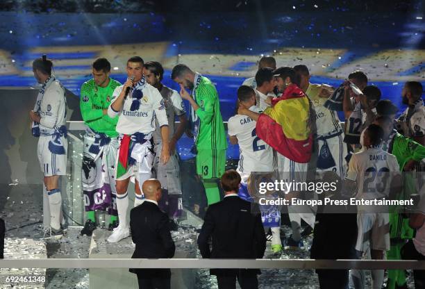 Cristiano Ronaldo celebrates during the Real Madrid celebration the day after winning the 12th UEFA Champions League Final at Santiago Bernabeu...