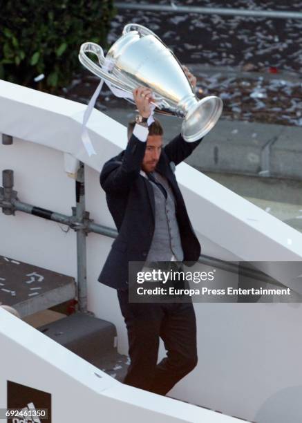 Sergio Ramos celebrates during the Real Madrid celebration the day after winning the 12th UEFA Champions League Final on June 4, 2017 in Madrid,...