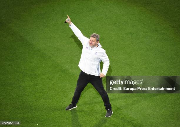Miki Nadal celebrates during the Real Madrid celebration the day after winning the 12th UEFA Champions League Final at Santiago Bernabeu stadium on...