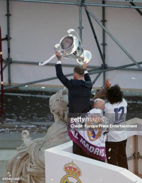 Sergio Ramos and Marcelo celebrate during the Real Madrid celebration the day after winning the 12th UEFA Champions League Final at Santiago Bernabeu...
