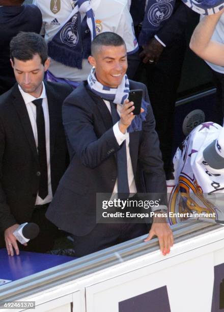 Cristiano Ronaldo celebrates during the Real Madrid celebration the day after winning the 12th UEFA Champions League Final at Santiago Bernabeu...