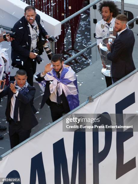 Cristiano Ronaldo, Nacho Fernandez, Marcelo and Sergio Ramos celebrate during the Real Madrid celebration the day after winning the 12th UEFA...