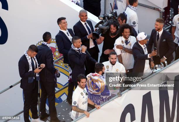 Keylor Navas, Marcelo, Asensio, Cristiano Ronaldo, Carvajal, Isco and Sergio Ramos celebrate during the Real Madrid celebration the day after winning...