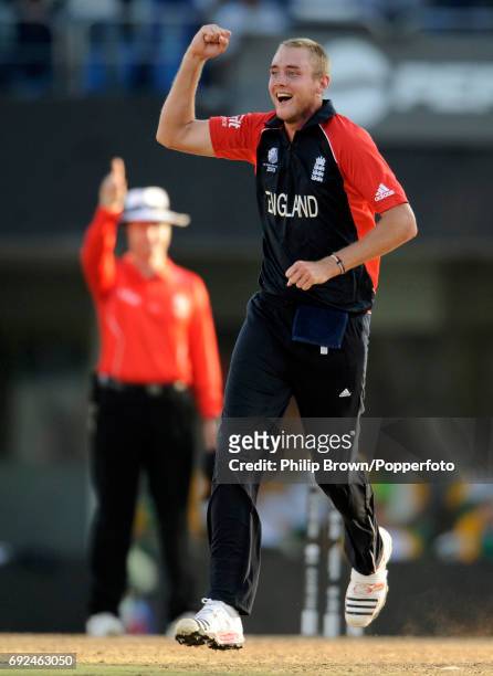 England's Stuart Broad celebrates after taking the final wicket of South Africa's Morne Morkel to give England a six run victory in the ICC Cricket...