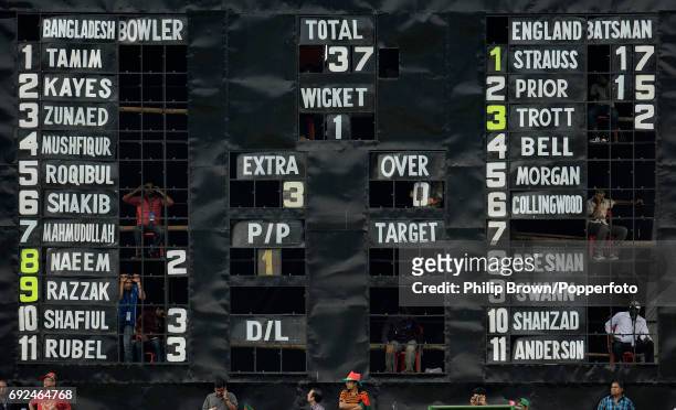 The scoreboard during the ICC Cricket World Cup group B match between England and Bangladesh in Chittagong March 11, 2011.