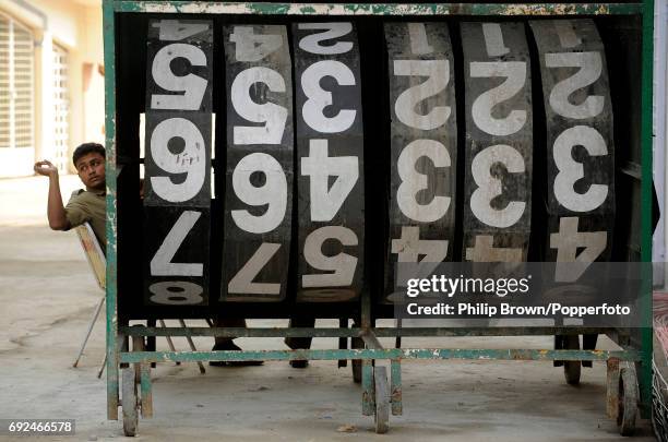 The rear of a scoreboard in Eden Gardens cricket ground before Tuesday's ICC Cricket World Cup group B match between Ireland and South Africa in...