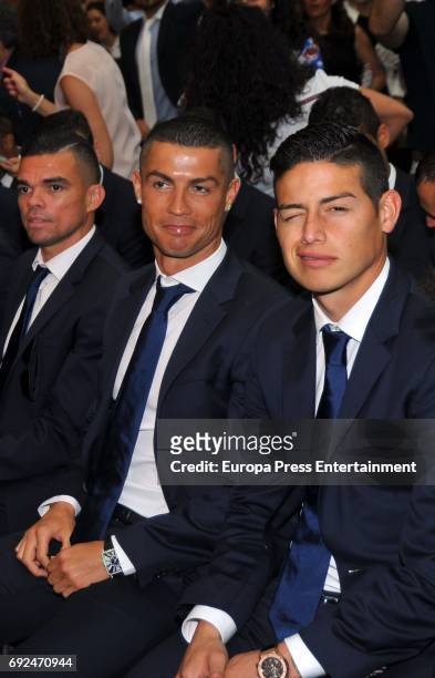 Pepe, Cristiano Ronaldo and James Rodriguez celebrate during the Real Madrid celebration the day after winning the 12th UEFA Champions League Final...