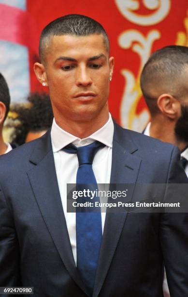 Cristiano Ronaldo celebrates during the Real Madrid celebration the day after winning the 12th UEFA Champions League Final at Casa de Correos on June...