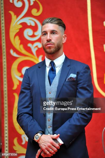 Sergio Ramos celebrates during the Real Madrid celebration the day after winning the 12th UEFA Champions League Final at Casa de Correos on June 4,...