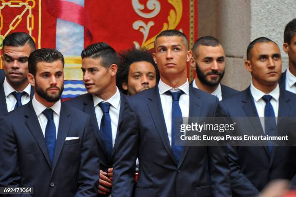 Pepe, Nacho Fernandez, James Rodriguez, Marcelo, Cristiano Ronaldo, Karim Benzema and Keylor Navas celebrate during the Real Madrid celebration the...