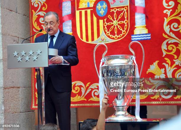 Florentino Perez celebrates during the Real Madrid celebration the day after winning the 12th UEFA Champions League Final at Casa de Correos on June...