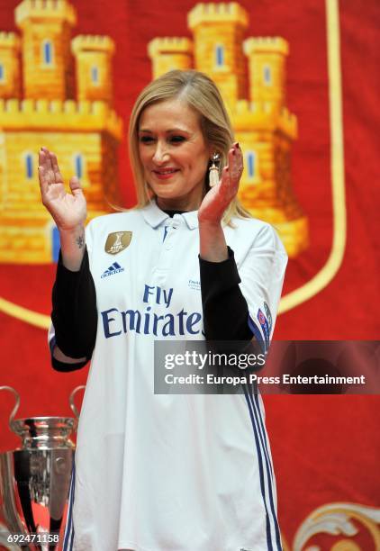Cristina Cifuentes celebrates during the Real Madrid celebration the day after winning the 12th UEFA Champions League Final at Casa de Correos on...