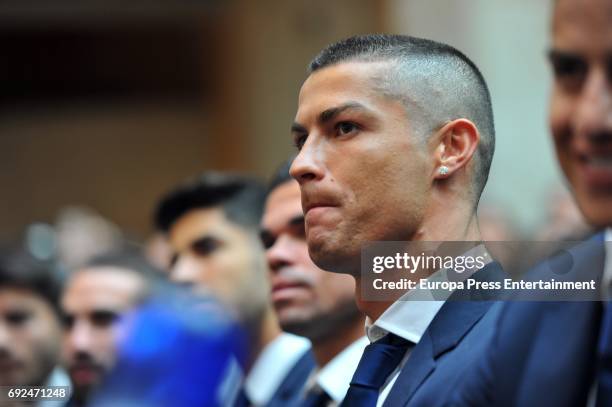 Cristiano Ronaldo celebrates during the Real Madrid celebration the day after winning the 12th UEFA Champions League Final at Casa de Correos on June...