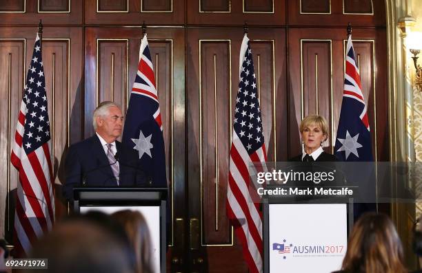 Secretary of State Rex Tillerson and Australian Minister for Foreign Affairs Julie Bishop speak at a joint media conference at Government House on...