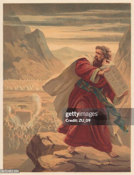 ilustraciones, imágenes clip art, dibujos animados e iconos de stock de moisés rompe las tabletas de derecho, cromolitografía, publicado en 1886 - moses