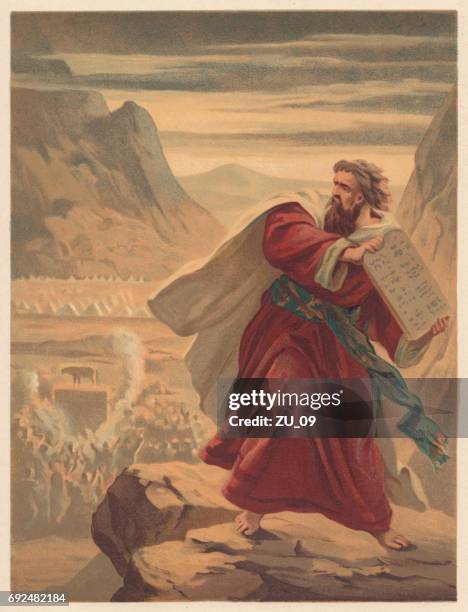 moses breaks the tablets of law, chromolithograph, published in 1886 - moses stock illustrations