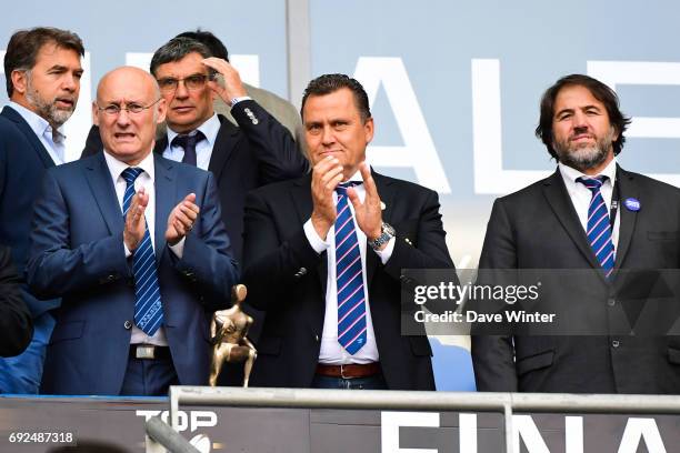 President of the French Rugby Federation Bernard Laporte and Vice President Serge Simon during the Top 14 Final between RC Toulon and Clermont...