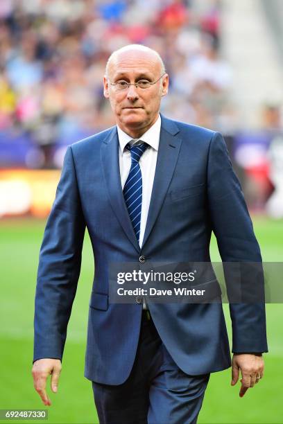 President of the French Rugby Federation Bernard Laporte before the Top 14 Final between RC Toulon and Clermont Auvergne at Stade de France on June...