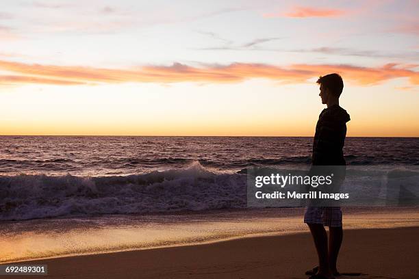 teenage boy on the beach at sunset. - todos santos mexico fotografías e imágenes de stock