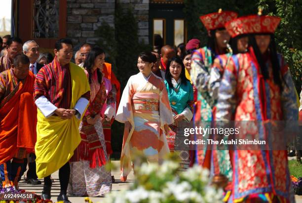 Princess Mako of Akishino , King Jigme Khesar Namgyel Wangchuck and Queen Jetsun Pema visit a flower exhibition on June 4, 2017 in Thimphu, Bhutan.