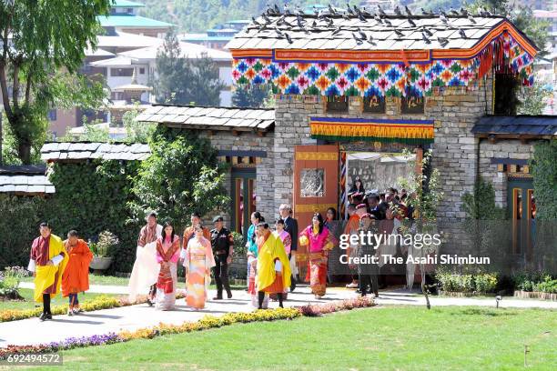 Princess Mako of Akishino , King Jigme Khesar Namgyel Wangchuck and Queen Jetsun Pema visit a flower exhibition on June 4, 2017 in Thimphu, Bhutan.