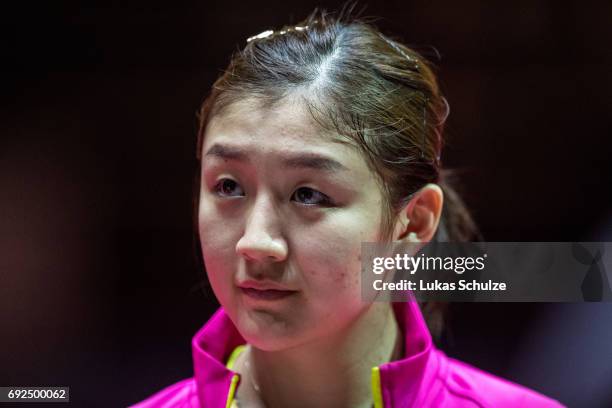 Chen Meng of China smiles after winning the Women's Doubles Semi Final match of the Table Tennis World Championship at Messe Duesseldorf on June 5,...