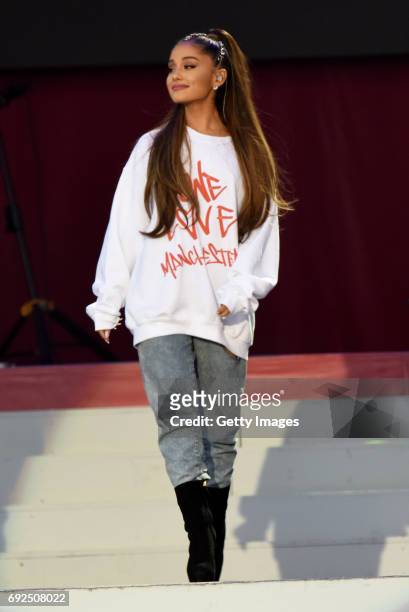 Free for editorial use. In this handout provided by 'One Love Manchester' benefit concert Ariana Grande performs on stage on June 4, 2017 in...