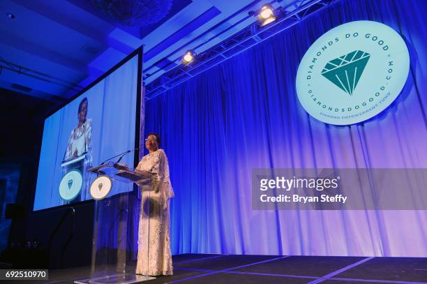 Humanitarian Graca Machel speaks after receiving the "Diamonds Do Good" Global Humanitarian Award during the Diamond Empowerment Fund's Diamonds Do...