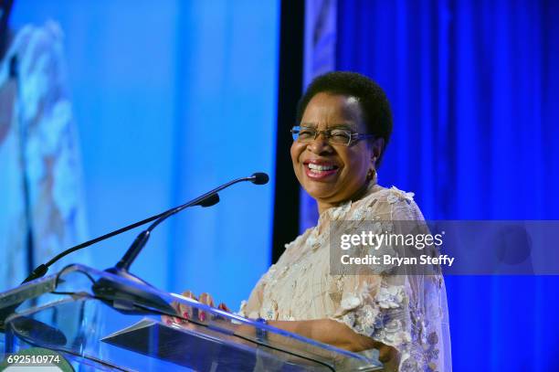 Humanitarian Graca Machel speaks after receiving the "Diamonds Do Good" Global Humanitarian Award during the Diamond Empowerment Fund's Diamonds Do...