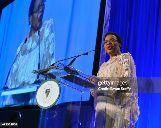 Humanitarian Graca Machel speaks after receiving the "Diamonds Do Good" Global Humanitarian Award during the Diamond Empowerment Fund's Diamonds Do...