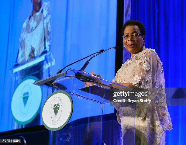 Humanitarian Graca Machel speaks after receiving the "Diamonds Do Good" Global Humanitarian Award during the Diamond Empowerment Fund's Diamonds Do...