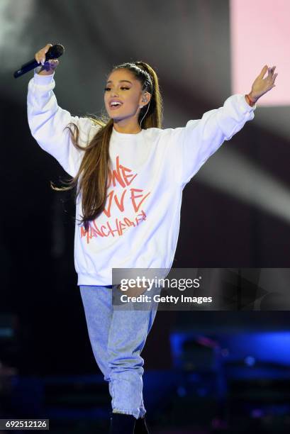 Free for editorial use. In this handout provided by 'One Love Manchester' benefit concert Ariana Grande performs on stage on June 4, 2017 in...