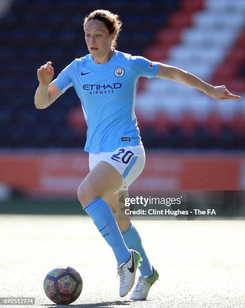 Megan Campbell of Manchester City Women during the FA WSL 1 game against Liverpool Ladies at Select Security Stadium on June 3, 2017 in Widnes,...