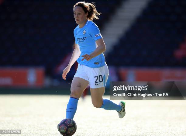 Megan Campbell of Manchester City Women during the FA WSL 1 game against Liverpool Ladies at Select Security Stadium on June 3, 2017 in Widnes,...